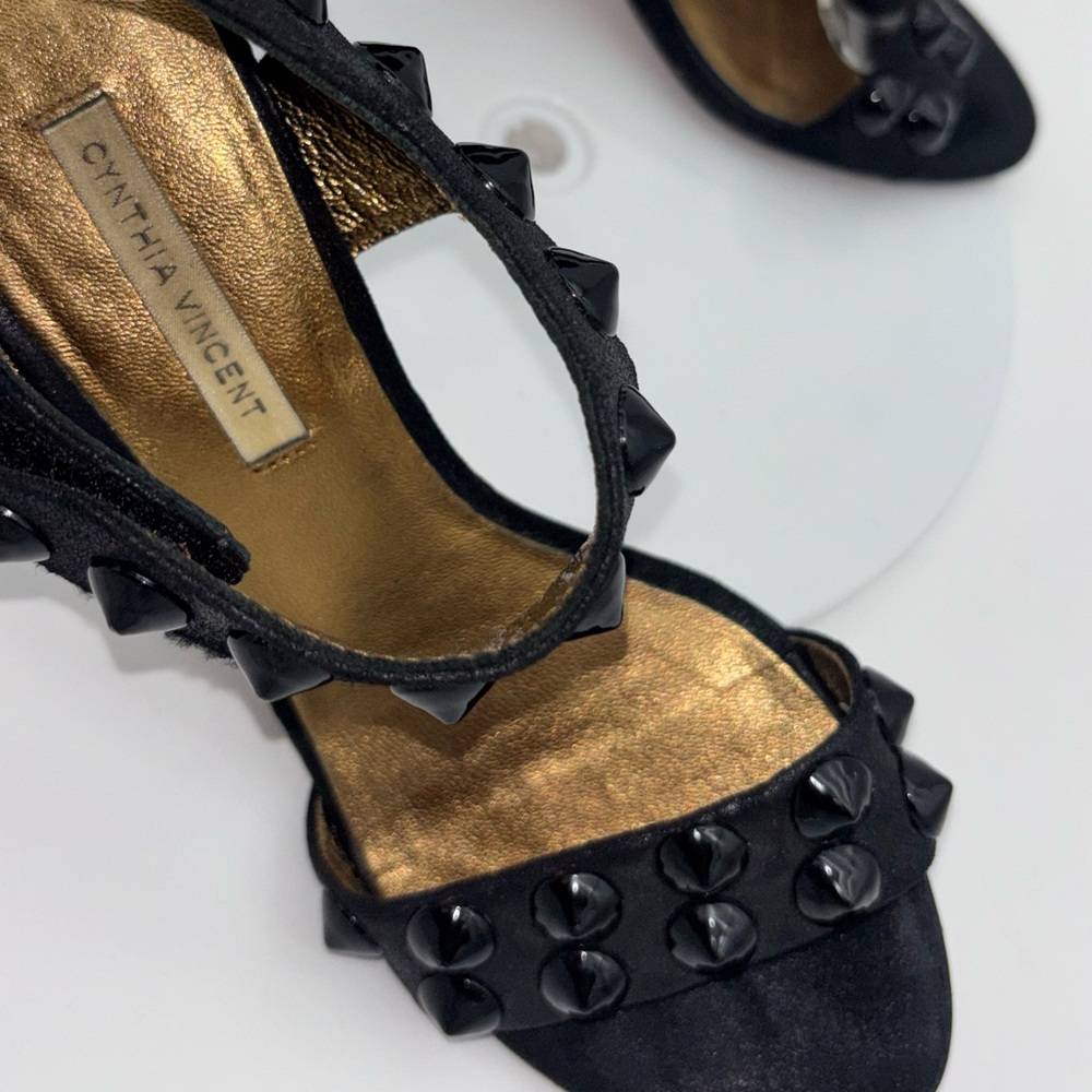 CYNTHIA VINCENT Black Strappy Heel Shoe Studded Hook Loop Sexy Ankle Wedding 6.5 - Picture 9 of 10